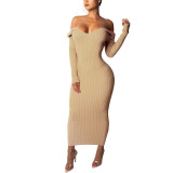 Women Autumn/Winter Solid V-Neck Long Sleeve Maxi Sweater Dress