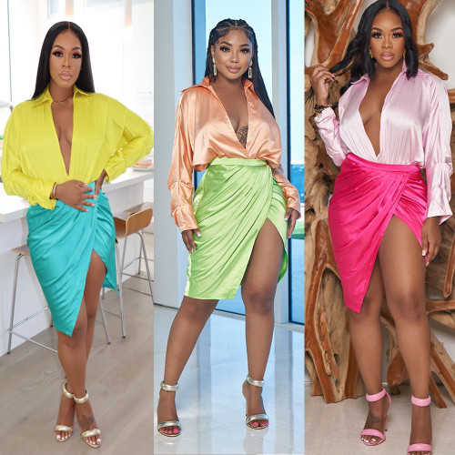 Women Sexy Slim V-Neck Long Sleeve Top + Split Dress Two-piece Set