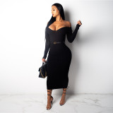 Women Autumn/Winter Solid V-Neck Long Sleeve Maxi Sweater Dress