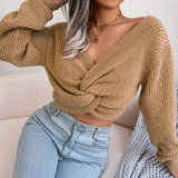 Women Fall Winter Long Sleeve Knotted Crop Sweater