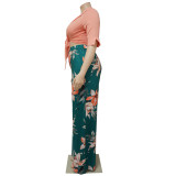 Women'S Plus Size Solid Color Tie Top Floral Print Loose Pants Two Piece Set