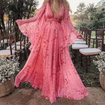 Women Straps Deep V Neck Print Sexy Bat Sleeves Pleated Long Dress Maternity Dress