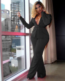 Women's Casual Professional Solid Color Slim Waist Long Sleeve Blazer Pants Two-Piece Set with Belt