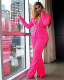 Women's Casual Professional Solid Color Slim Waist Long Sleeve Blazer Pants Two-Piece Set with Belt