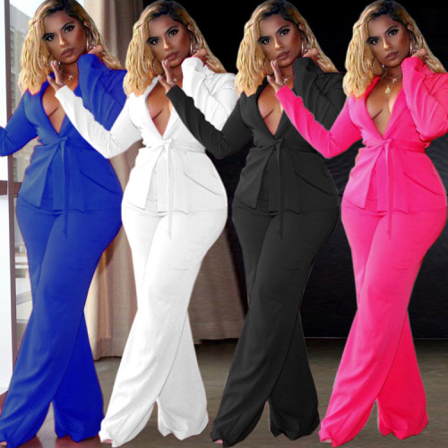 Women's Casual Professional Solid Color Slim Waist Long Sleeve Blazer Pants Two-Piece Set with Belt