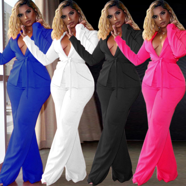 Women's Casual Professional Solid Color Slim Waist Long Sleeve Blazer Pants Two-Piece Set with Belt