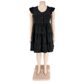 Plus Size Women's Solid Color Ruffled Short Sleeve Button Up Casual A-line Dress