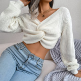 Women Fall Winter Long Sleeve Knotted Crop Sweater