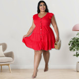 Plus Size Women's Solid Color Ruffled Short Sleeve Button Up Casual A-line Dress