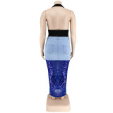 Plus Size Women's Washed Denim Sequin Patckwork Sexy Long Skirt