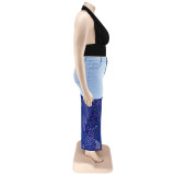 Plus Size Women's Washed Denim Sequin Patckwork Sexy Long Skirt