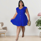 Plus Size Women's Solid Color Ruffled Short Sleeve Button Up Casual A-line Dress