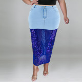 Plus Size Women's Washed Denim Sequin Patckwork Sexy Long Skirt