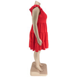 Plus Size Women's Solid Color Ruffled Short Sleeve Button Up Casual A-line Dress