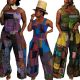 Women's Boho Printed Bib Pants Strap Wide Leg Loose Jumpsuit