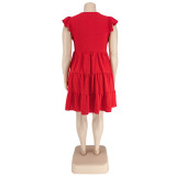 Plus Size Women's Solid Color Ruffled Short Sleeve Button Up Casual A-line Dress