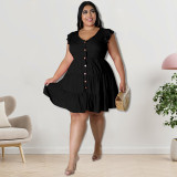 Plus Size Women's Solid Color Ruffled Short Sleeve Button Up Casual A-line Dress