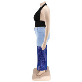 Plus Size Women's Washed Denim Sequin Patckwork Sexy Long Skirt