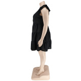 Plus Size Women's Solid Color Ruffled Short Sleeve Button Up Casual A-line Dress