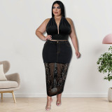 Plus Size Women's Washed Denim Sequin Patckwork Sexy Long Skirt