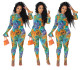 Women's Print Flare Long Sleeve Slim Fitted Mesh Jumpsuit