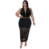Plus Size Women's Washed Denim Sequin Patckwork Sexy Long Skirt