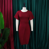 Autumn Professional Red Ruffle Sleeves Pencil Office Dress