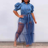 New Plus Size Women's Dress Cardigan Maxi Chic Career Blue Denim Patchwork Mesh Skirt
