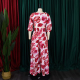 Women Printed V-neck Lace-Up Top + Wide Leg Pants Two-Piece Set