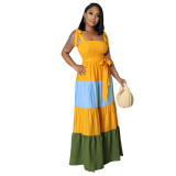 Women Summer Contrast Sleeveless Lace-Up Corset Strap Maxi Dress