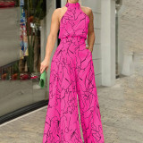 Summer Women Elegant Lace-Up Sleeveless Halter Neck Print Jumpsuit