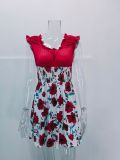 Women Summer Contrast Floral Print Round Neck Dress