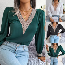 Women Fall Winter Chic Lace v-neck Long Sleeve Chiffon Shirt
