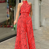 Summer Women Elegant Lace-Up Sleeveless Halter Neck Print Jumpsuit