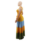 Women Summer Contrast Sleeveless Lace-Up Corset Strap Maxi Dress