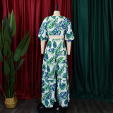 Women Printed V-neck Lace-Up Top + Wide Leg Pants Two-Piece Set