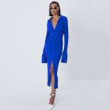 Women's Fall Fashion Women's Long Sleeve V Neck Long Button Bell Bottom Sleeve Sweater Dress