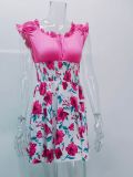Women Summer Contrast Floral Print Round Neck Dress