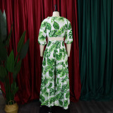 Women Printed V-neck Lace-Up Top + Wide Leg Pants Two-Piece Set