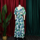 Women Printed V-neck Lace-Up Top + Wide Leg Pants Two-Piece Set