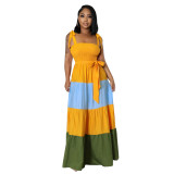 Women Summer Contrast Sleeveless Lace-Up Corset Strap Maxi Dress