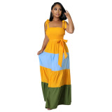 Women Summer Contrast Sleeveless Lace-Up Corset Strap Maxi Dress