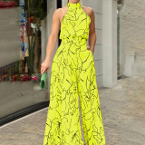 Summer Women Elegant Lace-Up Sleeveless Halter Neck Print Jumpsuit