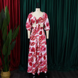Women Printed V-neck Lace-Up Top + Wide Leg Pants Two-Piece Set
