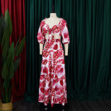 Women Printed V-neck Lace-Up Top + Wide Leg Pants Two-Piece Set