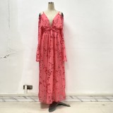 Women Straps Deep V Neck Print Sexy Bat Sleeves Pleated Long Dress Maternity Dress