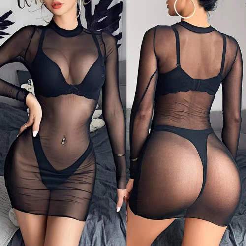 Sheer Mesh Bikini Coveer Up Sexy See-Through Long Sleeve Beach Summer Party Dress
