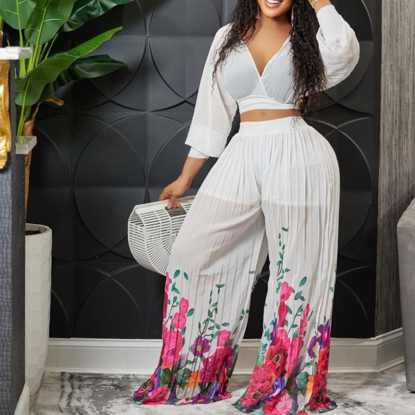 Fashion Suit Women's V-Neck Bat Sleeves Chiffon Top Pleated Wide Leg Pants Two Piece Set