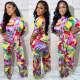 Women Summer Casual Loose Belt Print Short Sleeve Jumpsuit