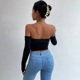 Women Summer Vintage faux fur Off Shoulder Backless Long Sleeve Top